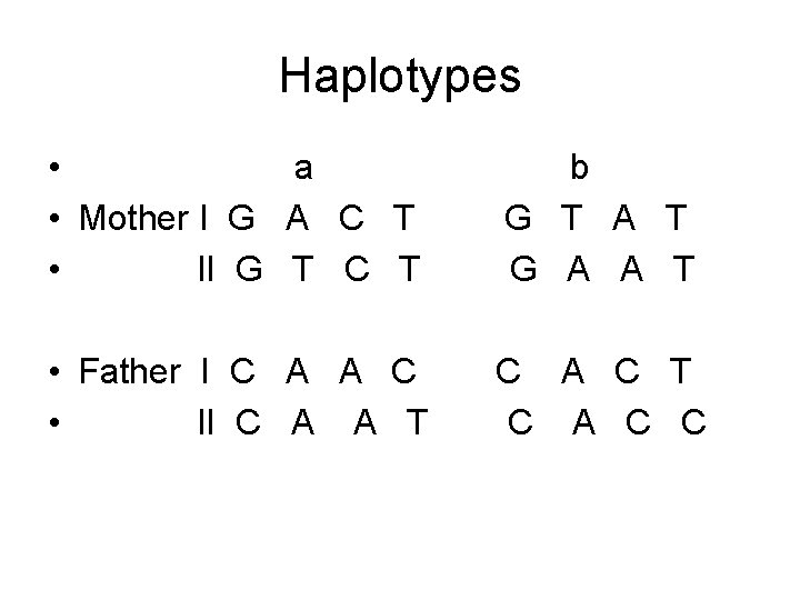 Haplotypes • a • Mother I G A C T • II G T Haplotypes • a • Mother I G A C T • II G T
