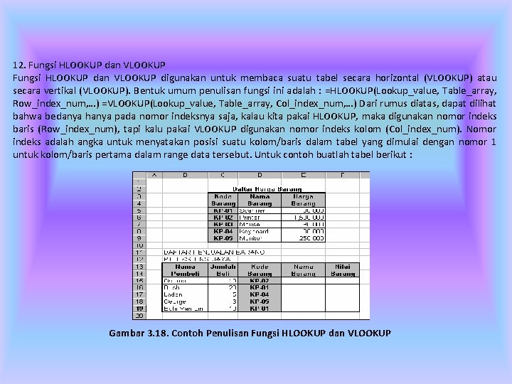 12. Fungsi HLOOKUP dan VLOOKUP digunakan untuk membaca suatu tabel secara horizontal (VLOOKUP) atau