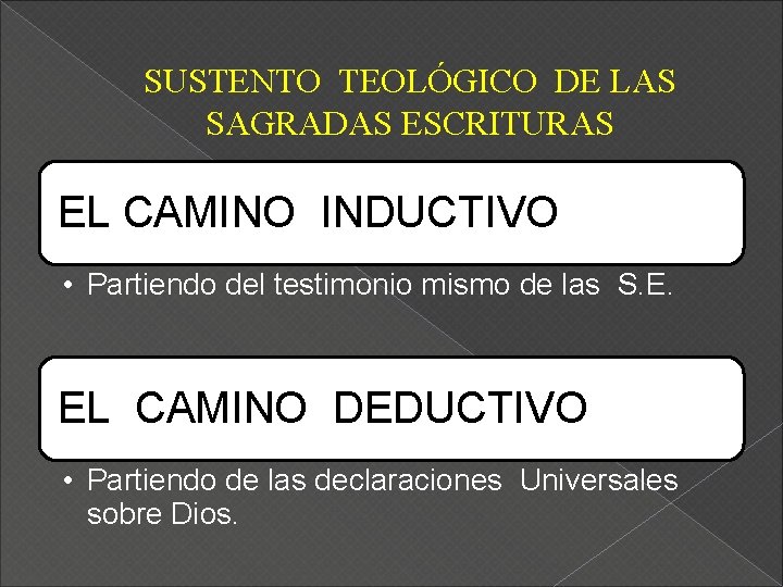 SUSTENTO TEOLÓGICO DE LAS SAGRADAS ESCRITURAS EL CAMINO INDUCTIVO • Partiendo del testimonio mismo