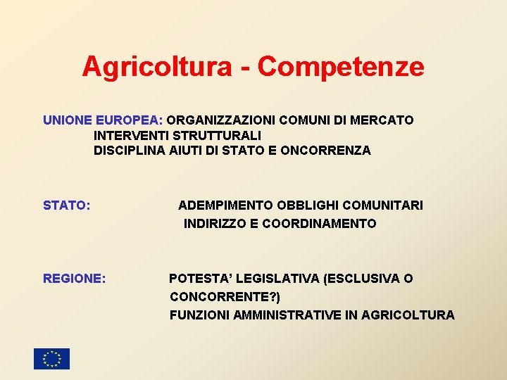 Agricoltura - Competenze UNIONE EUROPEA: ORGANIZZAZIONI COMUNI DI MERCATO INTERVENTI STRUTTURALI DISCIPLINA AIUTI DI