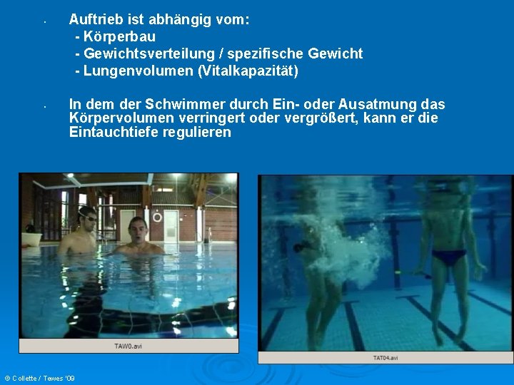  • • Auftrieb ist abhängig vom: - Körperbau - Gewichtsverteilung / spezifische Gewicht