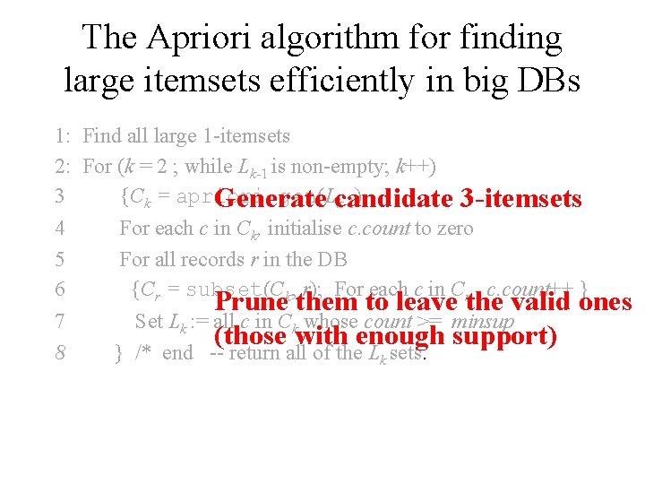 The Apriori algorithm for finding large itemsets efficiently in big DBs 1: Find all