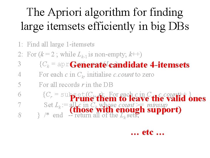 The Apriori algorithm for finding large itemsets efficiently in big DBs 1: Find all