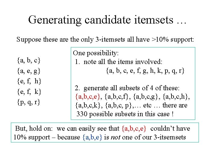 Generating candidate itemsets … Suppose these are the only 3 -itemsets all have >10%