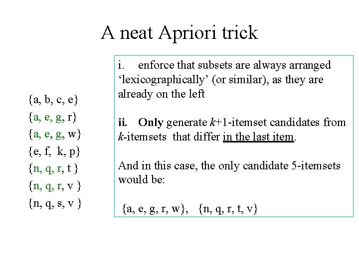 A neat Apriori trick {a, b, c, e} {a, e, g, r} {a, e,