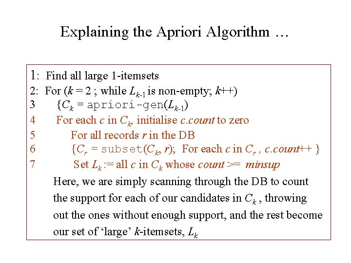 Explaining the Apriori Algorithm … 1: Find all large 1 -itemsets 2: For (k