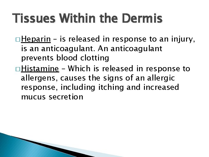 Tissues Within the Dermis � Heparin – is released in response to an injury,