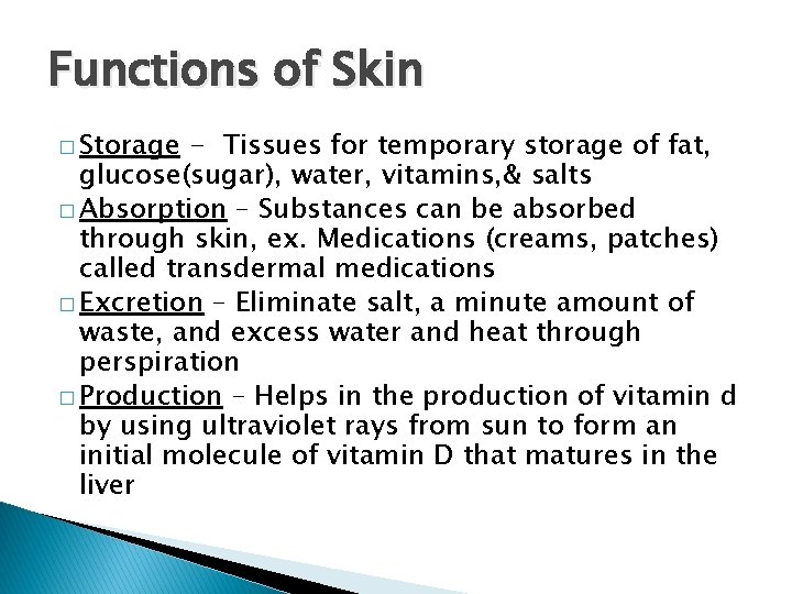 Functions of Skin � Storage - Tissues for temporary storage of fat, glucose(sugar), water,