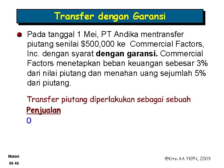 Transfer dengan Garansi Pada tanggal 1 Mei, PT Andika mentransfer piutang senilai $500, 000