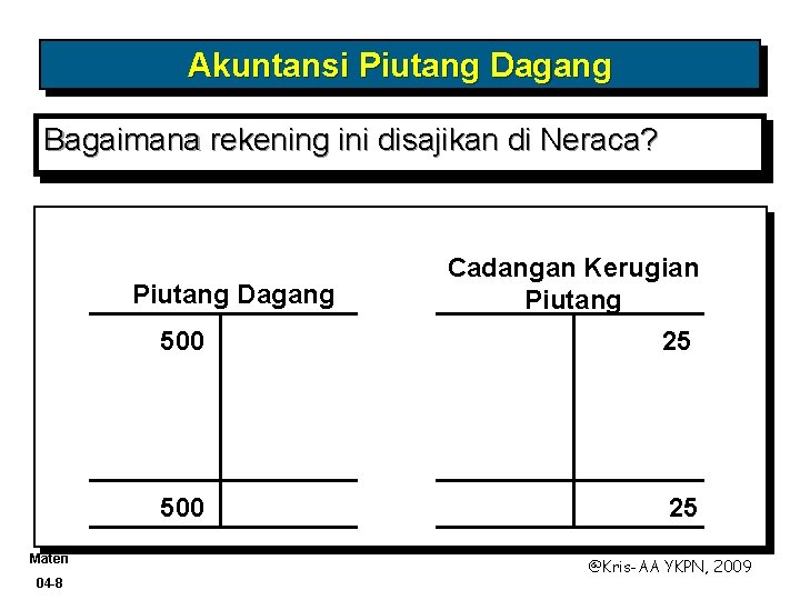 Akuntansi Piutang Dagang Bagaimana rekening ini disajikan di Neraca? Piutang Dagang Materi 04 -8