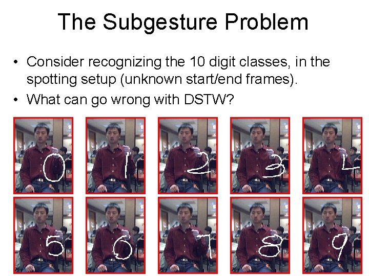 The Subgesture Problem • Consider recognizing the 10 digit classes, in the spotting setup