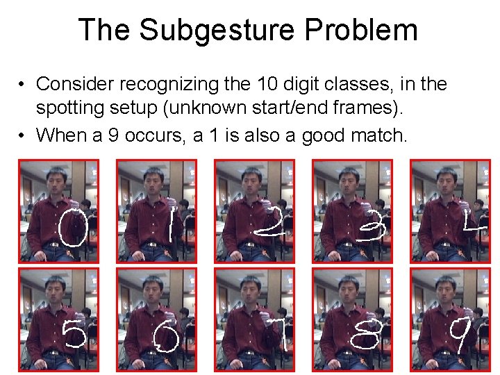 The Subgesture Problem • Consider recognizing the 10 digit classes, in the spotting setup