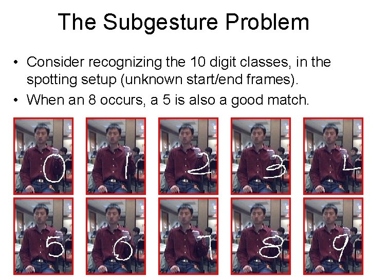 The Subgesture Problem • Consider recognizing the 10 digit classes, in the spotting setup