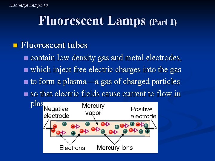 Discharge Lamps 10 Fluorescent Lamps (Part 1) n Fluorescent tubes contain low density gas