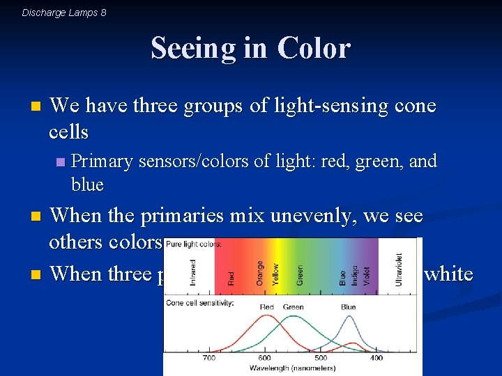 Discharge Lamps 8 Seeing in Color n We have three groups of light-sensing cone