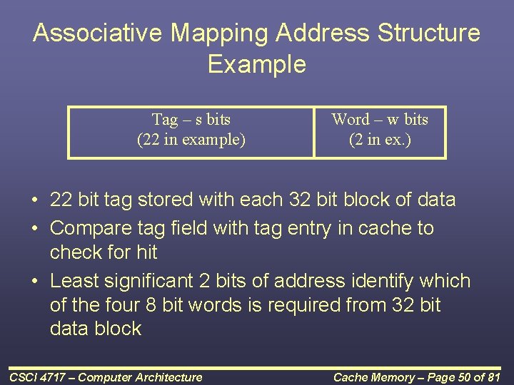 Associative Mapping Address Structure Example Tag – s bits (22 in example) Word –