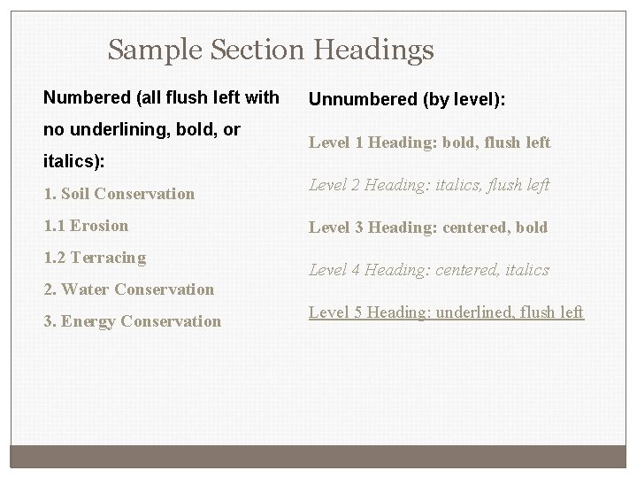 Sample Section Headings Numbered (all flush left with no underlining, bold, or italics): Unnumbered