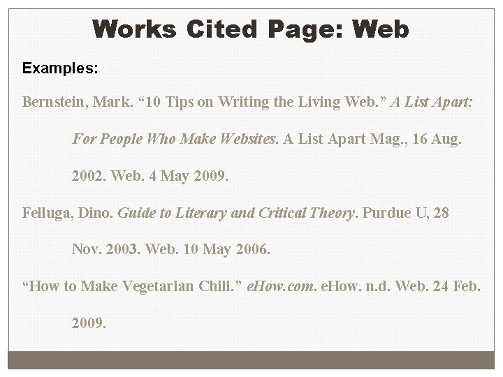 Works Cited Page: Web Examples: Bernstein, Mark. “ 10 Tips on Writing the Living