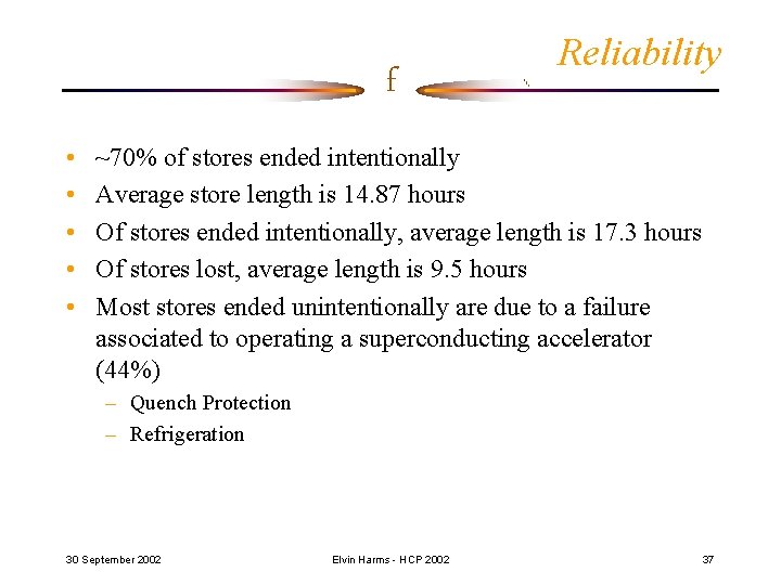 f • • • Reliability ~70% of stores ended intentionally Average store length is