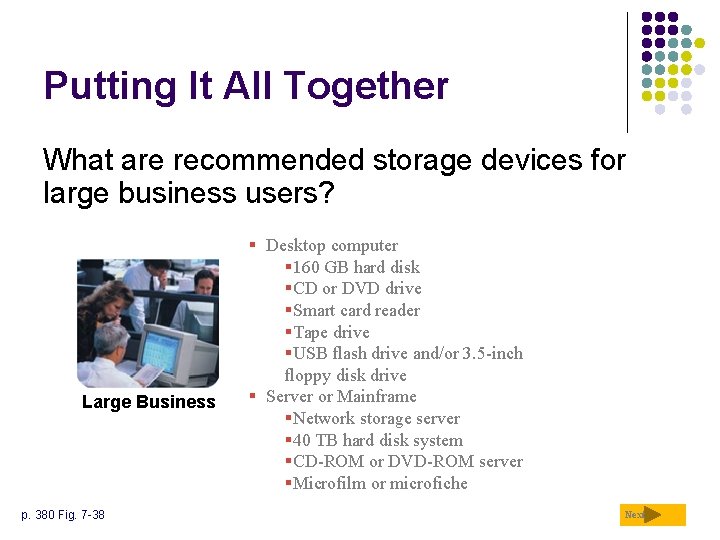 Putting It All Together What are recommended storage devices for large business users? Large