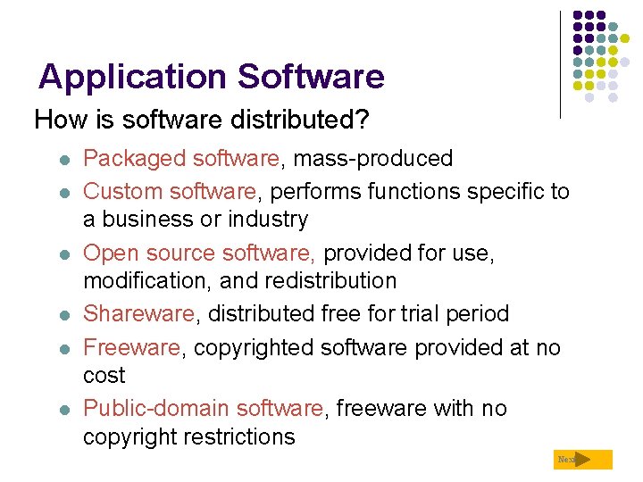 Application Software How is software distributed? l l l Packaged software, mass-produced Custom software,