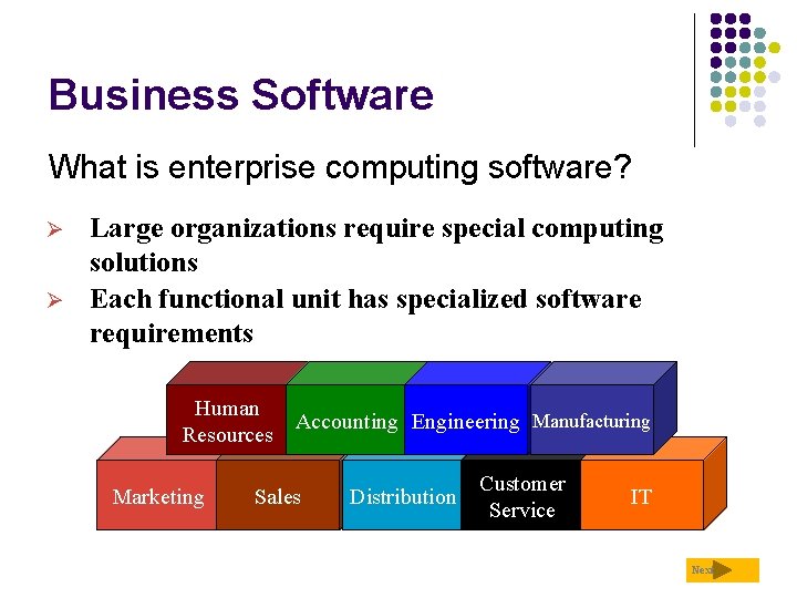 Business Software What is enterprise computing software? Ø Ø Large organizations require special computing