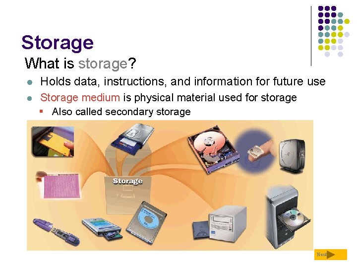 Storage What is storage? l Holds data, instructions, and information for future use l