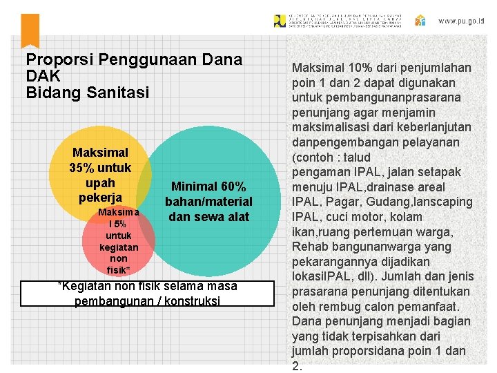 Proporsi Penggunaan Dana DAK Bidang Sanitasi Maksimal 35% untuk upah pekerja Maksima l 5% Proporsi Penggunaan Dana DAK Bidang Sanitasi Maksimal 35% untuk upah pekerja Maksima l 5%