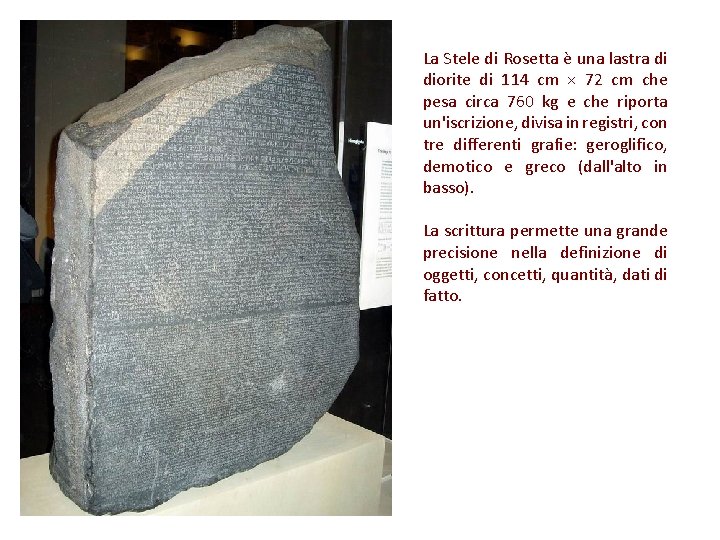 La Stele di Rosetta è una lastra di diorite di 114 cm × 72