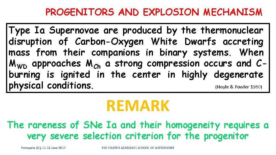 PROGENITORS AND EXPLOSION MECHANISM Type Ia Supernovae are produced by thermonuclear disruption of Carbon-Oxygen PROGENITORS AND EXPLOSION MECHANISM Type Ia Supernovae are produced by thermonuclear disruption of Carbon-Oxygen