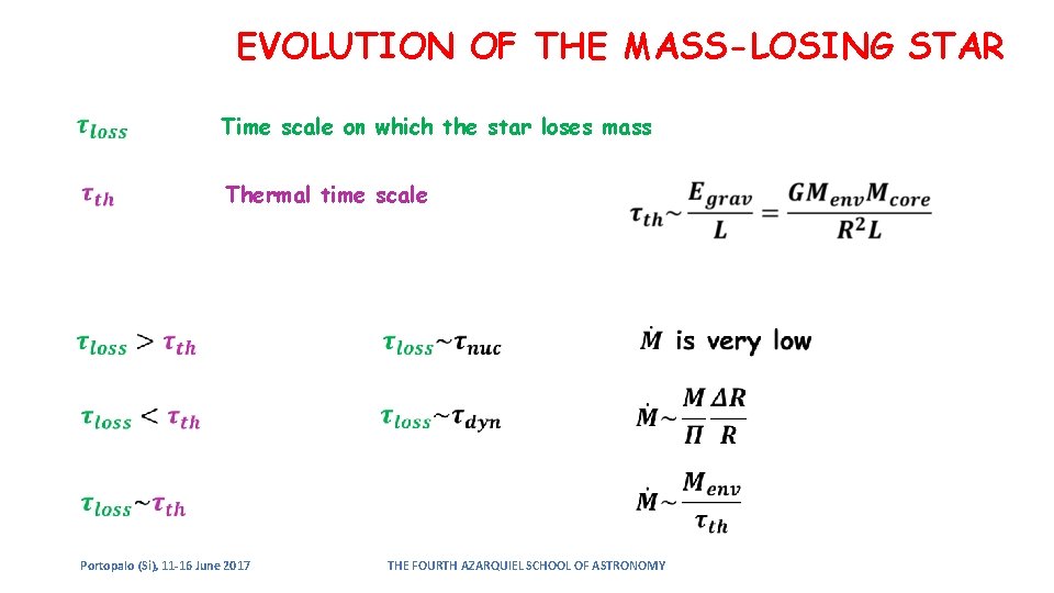 EVOLUTION OF THE MASS-LOSING STAR Time scale on which the star loses mass Thermal EVOLUTION OF THE MASS-LOSING STAR Time scale on which the star loses mass Thermal