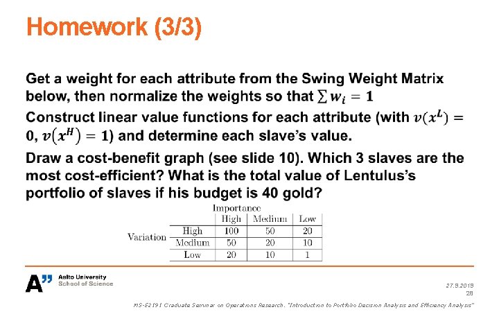 Homework (3/3) 27. 9. 2019 28 MS-E 2191 Graduate Seminar on Operations Research: “Introduction