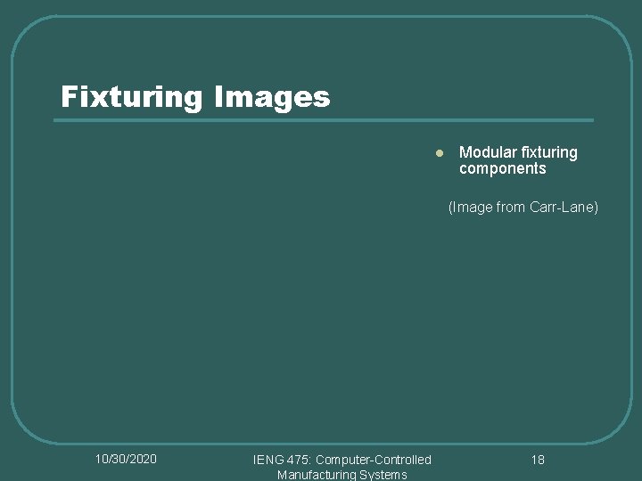 Fixturing Images l Modular fixturing components (Image from Carr-Lane) 10/30/2020 IENG 475: Computer-Controlled Manufacturing