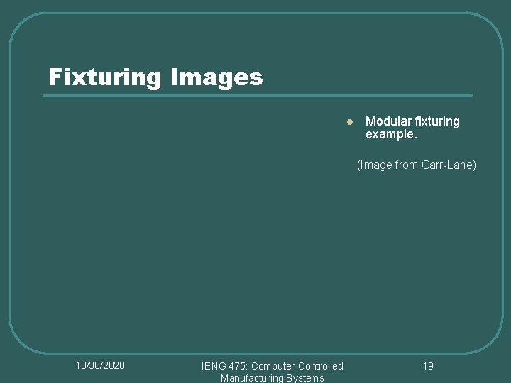 Fixturing Images l Modular fixturing example. (Image from Carr-Lane) 10/30/2020 IENG 475: Computer-Controlled Manufacturing
