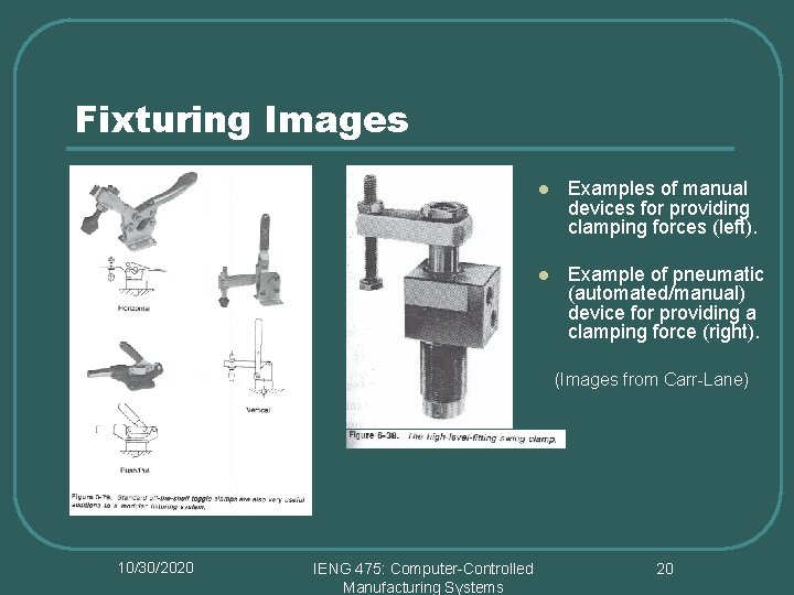 Fixturing Images l Examples of manual devices for providing clamping forces (left). l Example
