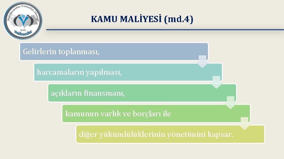 KAMU MALİYESİ (md. 4) Gelirlerin toplanması, harcamaların yapılması, açıkların finansmanı, kamunun varlık ve borçları