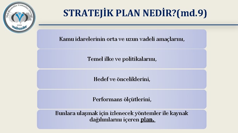 STRATEJİK PLAN NEDİR? (md. 9) Kamu idarelerinin orta ve uzun vadeli amaçlarını, Temel ilke