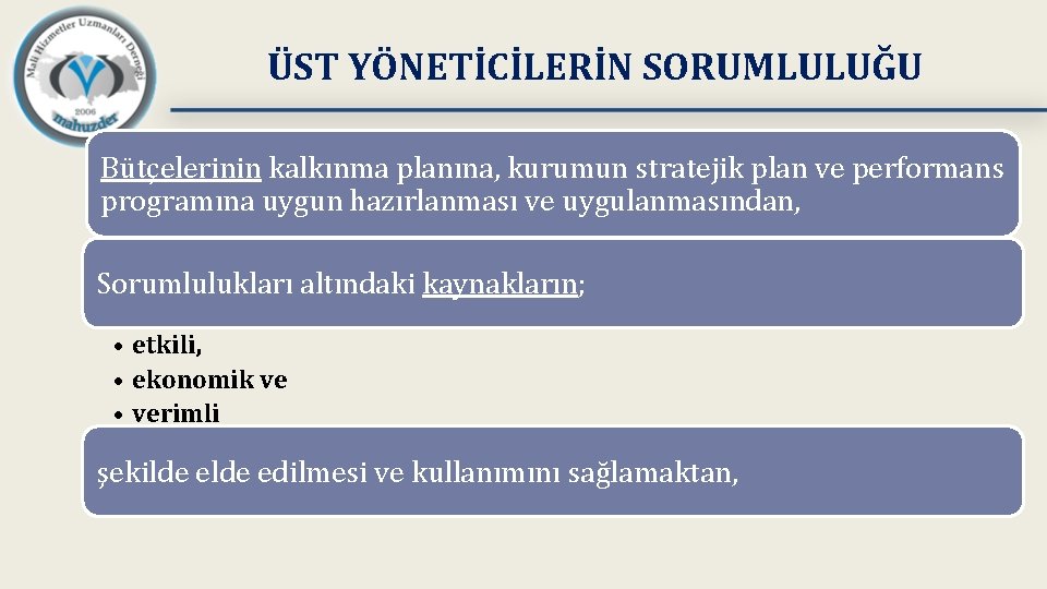 ÜST YÖNETİCİLERİN SORUMLULUĞU Bütçelerinin kalkınma planına, kurumun stratejik plan ve performans programına uygun hazırlanması