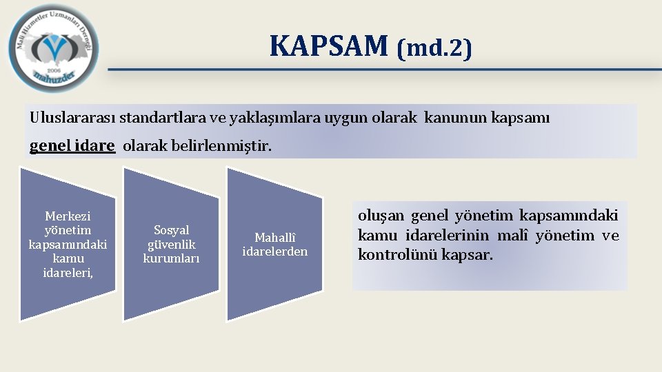 KAPSAM (md. 2) Uluslararası standartlara ve yaklaşımlara uygun olarak kanunun kapsamı genel idare olarak