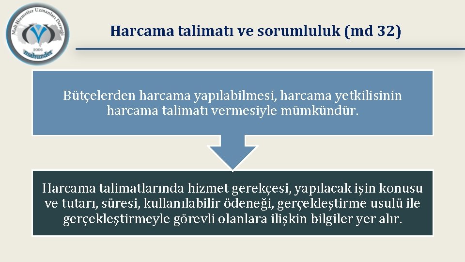 Harcama talimatı ve sorumluluk (md 32) Bütçelerden harcama yapılabilmesi, harcama yetkilisinin harcama talimatı vermesiyle