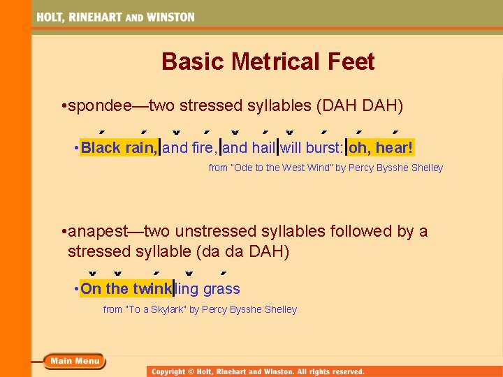 Basic Metrical Feet • spondee—two stressed syllables (DAH DAH) ´ ´ ˇ ´ ˇ