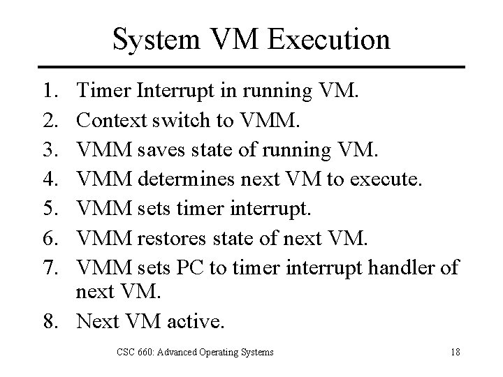 System VM Execution 1. 2. 3. 4. 5. 6. 7. Timer Interrupt in running
