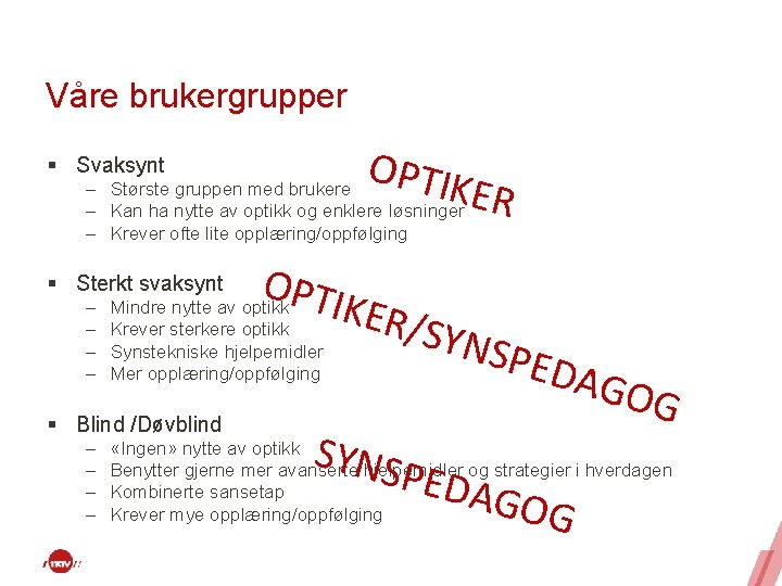Våre brukergrupper OPTIK ER § Svaksynt – Største gruppen med brukere – Kan ha
