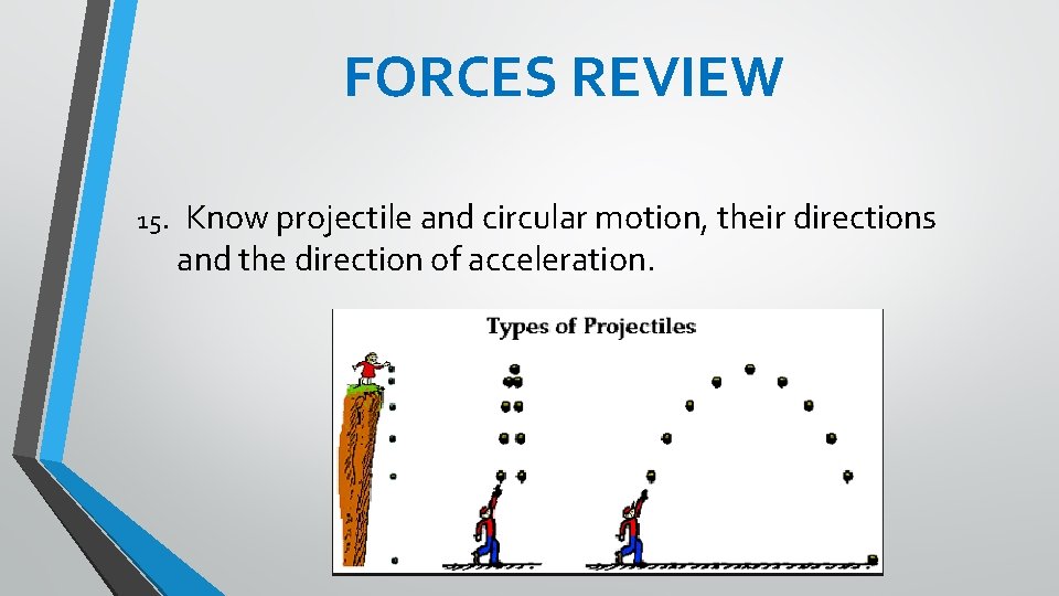 FORCES REVIEW 15. Know projectile and circular motion, their directions and the direction of