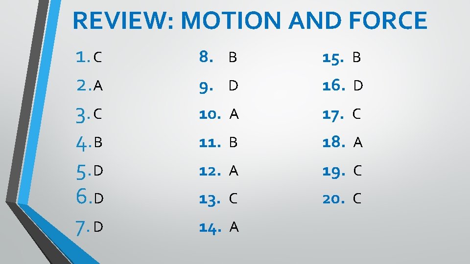 REVIEW: MOTION AND FORCE 1. C 2. A 3. C 4. B 5. D