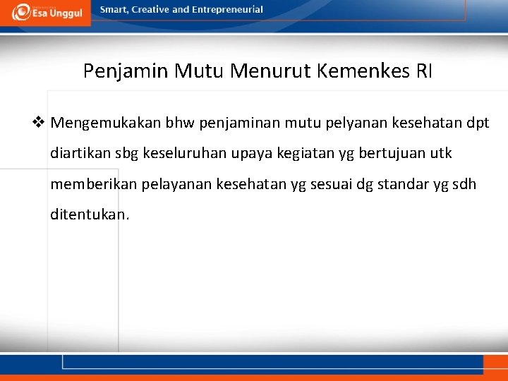 Penjamin Mutu Menurut Kemenkes RI v Mengemukakan bhw penjaminan mutu pelyanan kesehatan dpt diartikan