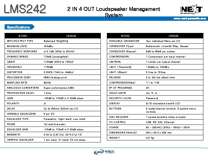 LMS 242 2 IN 4 OUT Loudspeaker Management System www. next-proaudio. com Specifications MODEL