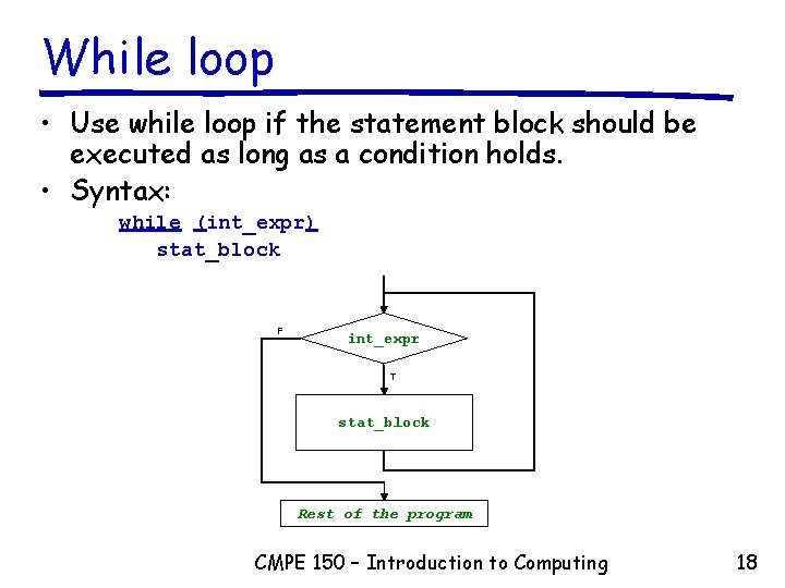 While loop • Use while loop if the statement block should be executed as While loop • Use while loop if the statement block should be executed as