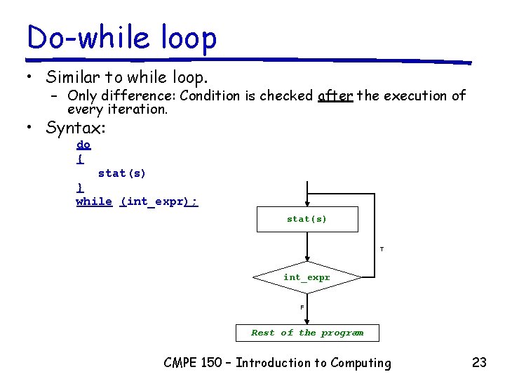 Do-while loop • Similar to while loop. – Only difference: Condition is checked after Do-while loop • Similar to while loop. – Only difference: Condition is checked after