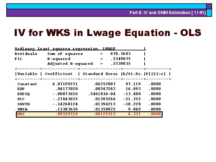 Part 8: IV and GMM Estimation [ 11/51] IV for WKS in Lwage Equation